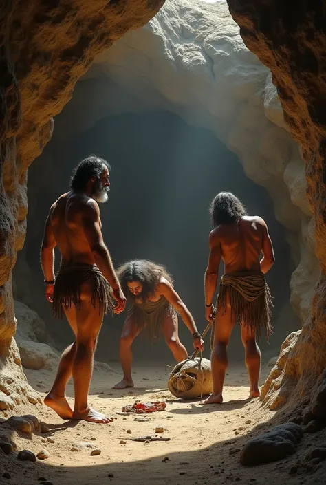  prehistoric society in a cave,  with women and men ,  doing violent tasks ,  with bodies not very evolved , of Homo erectus ,  and being shown concentrated . 