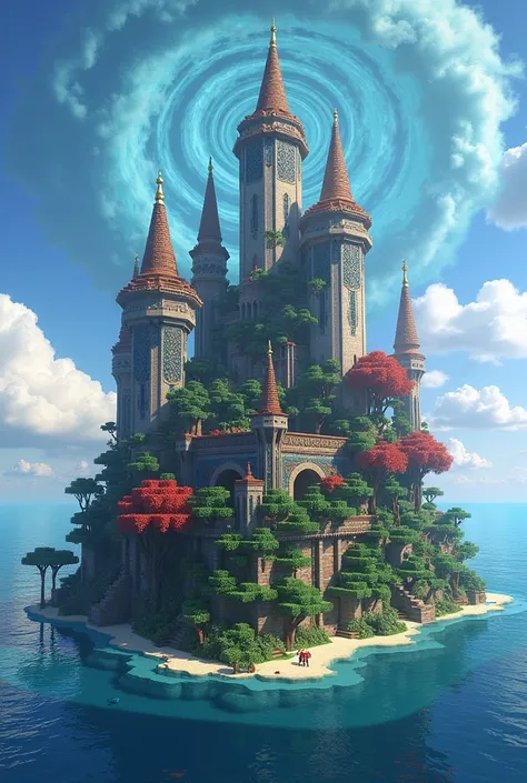 Minecraft base surrounded by other towers in the ocean. Vines wrapped around towers. Roses and vines everywhere. A spell in the sky. Red trees. Spirals in the sky.