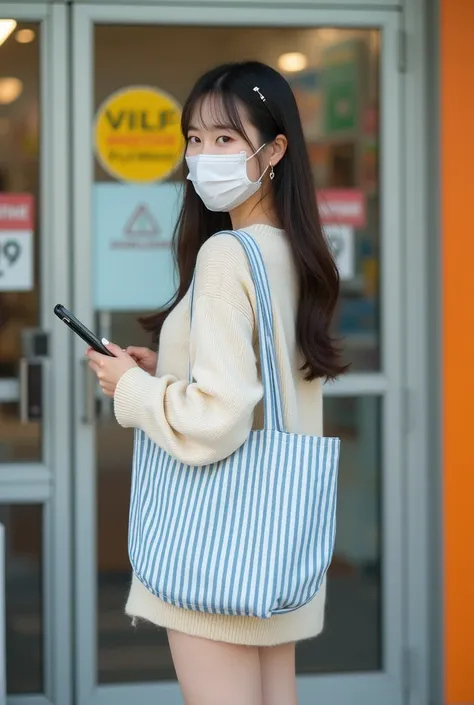  Best Quality, (Realistic detail ), 16k,  Ultra HD,  high resolution,  gentle focus , grace,  full body portrait, In front of the convenience store door as a background , 一位美麗的中國young女孩正在公園散步,  Left hand holding a black phone ,  on the right shoulder with ...