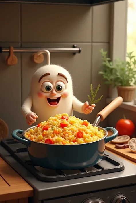  Make a stove with a pot full of risotto with carrot , potato,  tomato and corn cut into very small pieces , The risotto is ready and hot , For the style of the images use the fusion of real proportions and exaggerated and cartoon expressions