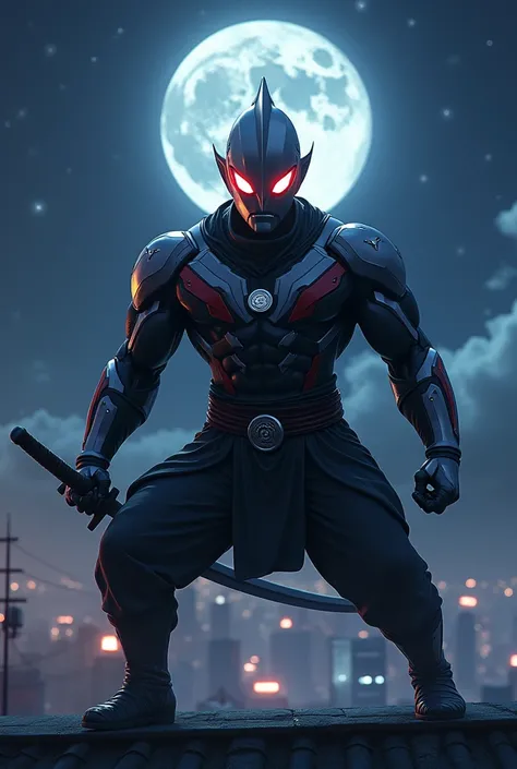  create a high-definition picture ，1:1 size ， A combination of ninjas and Ultraman ，Ultraman head ， the body of a ninja in black ，肌肉男，Carrying a sword，Hand make a fortune hand print ， squat position on the roof， Starry background on a full moonlit night