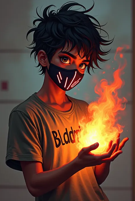  handsome boy with messy hair , com corte degradê,  dark skin tone ,  masks on his mouth with neon lamps ,  with a shirt from a traditional fiction game ,  showing his power a fireball in his hands,  with shirt written by Bladimir , With his attractive loo...