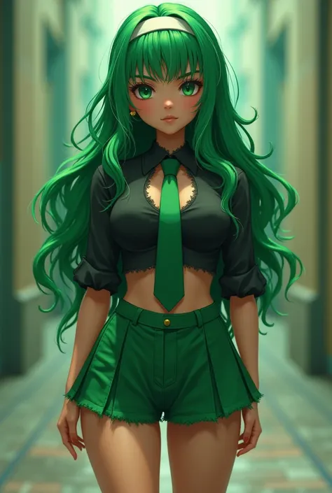  An American schoolgirl , king,  with a short skirt and green like her tie , the frayed black shirt , with big thighs, ass and tits,  with long green hair with a white headband 