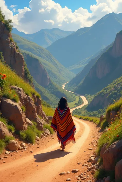 a person with a poncho walking on a road in the Bolivian highlands like Coco de Pixar