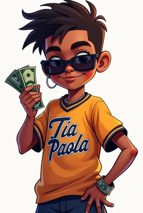 Draw animated black boy wearing dark glasses wearing a sports shirt with the name Tia Paola and with money in one hand 