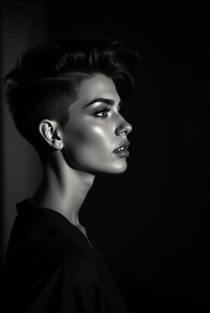 rofile view, glamorous close-up portrait of a woman with an avant-garde haircut, cinematic lighting, half of her face in shadow, bright and expressive eyes, half of her face in shadow,profile view, fashion photo, stylish photo, Helmut Newton style