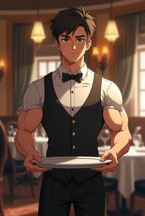 An embarrassed young waiter holding a tray with both hands . He wears a short, tight uniform in such a way that it highlights his muscles  