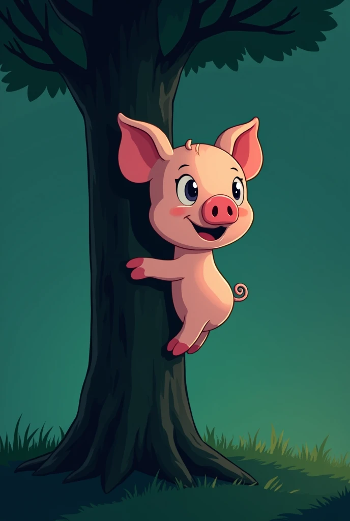 from a counterbalanced angle ,  make a pig like the dolls from the wonderful world of Gumball,  on the trunk of the tree and the color palette has to be dark with dark blue, dark green and green .  cartoon style with reference to the video game Cult Of The...