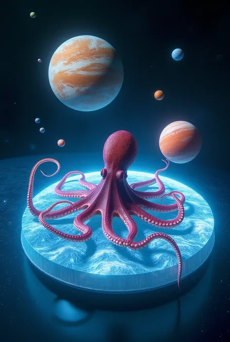 An octopus inside a hologram ,  projecting images of other planets, with a realistic and cinematic air . 