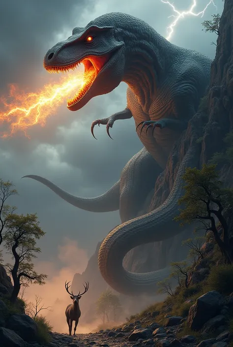 A monstrous realistic dinosaur coils around with fire coming out of its mouth, trees around a mountain on top of a mountain under a dramatic stormy sky, and a deer fleeing down that mountain.