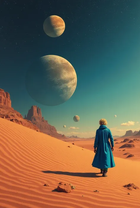 A picture in which a part of space is mixed with a part of a desert where a blond young man walks and shows his face only the young man in the desert. In the space part, we see the back of a man wearing a long blue costume