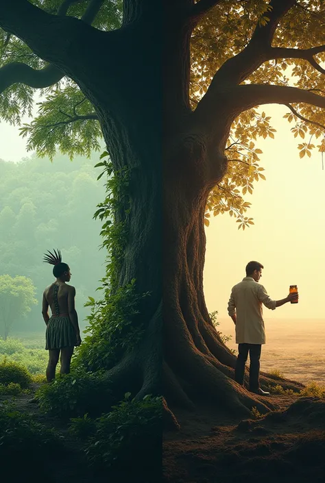  I want a movie poster , the title of the movie is  "Between Eras ".
 The visual content is basically a picture of an indigenous person on one side of the poster that is separated by a tree, on that side where they are it has to be a green and living fores...