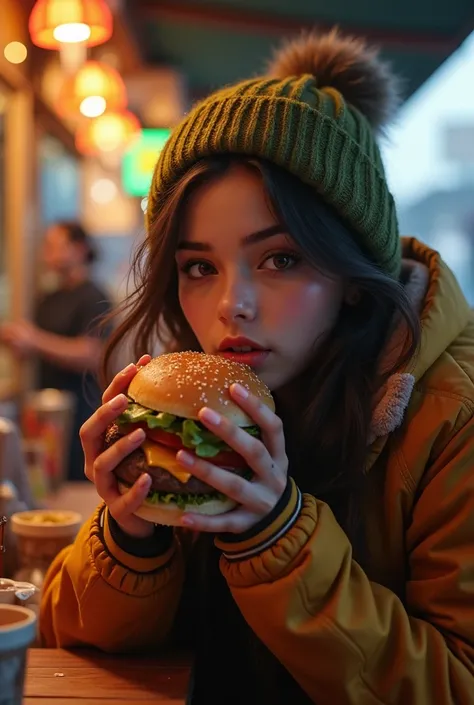 A woman at a snack bar eating a hamburger an ultra realistic Brazilian-style image wearing cold clothes