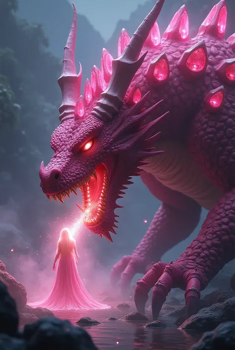 In the dark, an angry dragon covered with large pink diamonds is biting the beautiful Yeouiju.