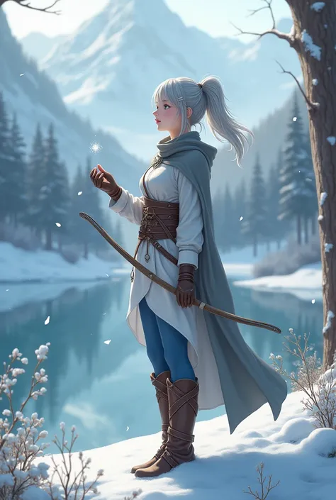  girl , tender, White robe, blue stockings, high ,  blue eyes,  long leather gloves ,  Eye bangs,  gray cloak on the shoulders , Leather belts,  with her left hand ,  high leather boots ,  background, winter forest, lake,  high snowy mountains , It&#39;s s...