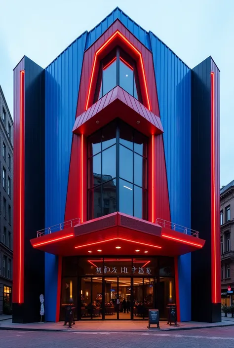 create the blue ,  red and black facade of a movie theater called Uaucine