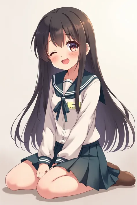 Draw a picture of a cute girl with long black hair wearing a school uniform skirtSitting in a w-shapea modest press of a skirtPut a name tag on it. The name tag is Chasumin  an expression of crying with joy