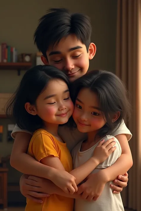 Peruvian family from Lima ,  with black hair and dark skin embraced by two women and a man 