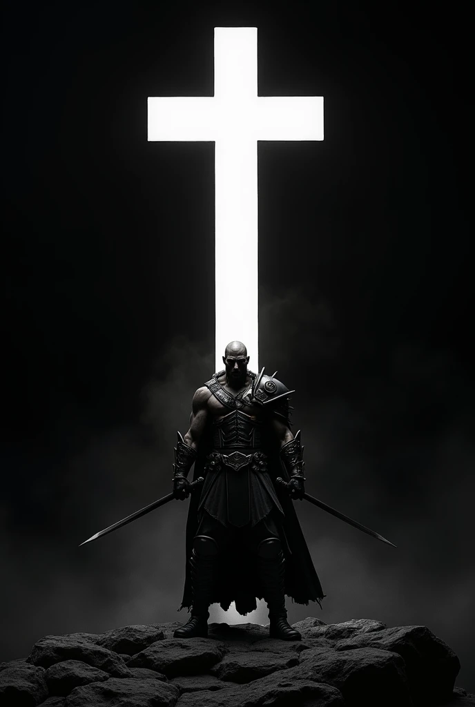 Big white cross and down warrior ready to fight background like black background 
