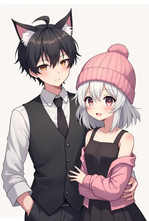 Draw anime fucking
Girl: white haired anime girl wearing cute pink beanie, black chestless sweater,
Boy:vest shirts,black tie,black ears cat hair 