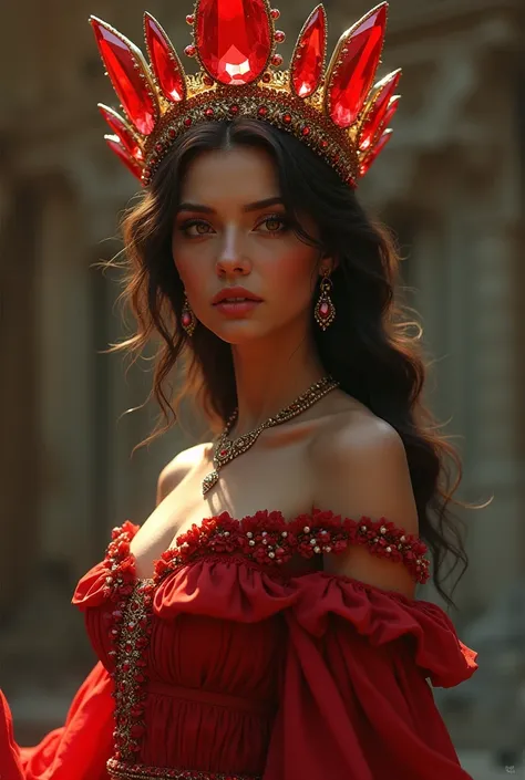 Create an image of a tall woman with bright brown skin, an orange eye tone, wearing a red dress and a crown of huge, heavy rubies that slightly hinder her posture with a tired face but still smiles. 