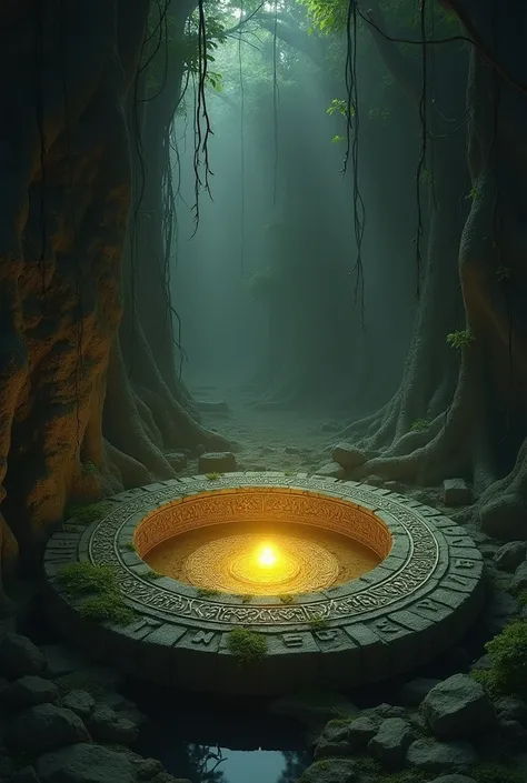 An ancient amulet with intricate carvings and mystical symbols, glowing faintly with a golden orb at its center instead of a star. The amulet lies at the bottom of an deep old stone well, surrounded by overgrown vines and roots. The scene is dimly lit, wit...