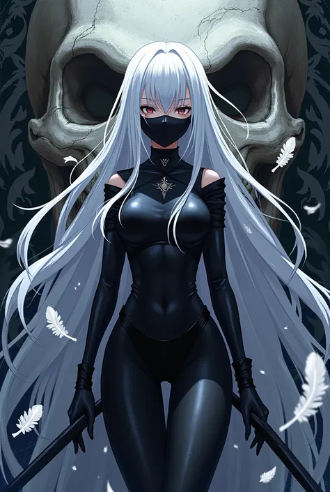 Anime girl phoenix long white hair with black mask black clothes skull background like a video game , ขนนกสีขาว พื้นหลัง , ดาบ