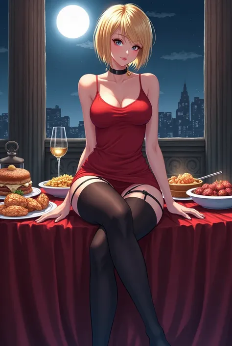 score_9, score_8_up, score_7_up, illustration, BREAK; hot woman, eyes, blonde short hair, stylish hime haircut, wide hips. Athletic body, large breasts, (perfect tight ass), eyelashes, makeup; earrings, choker, micro-skirt and red tank top, covered nipples...