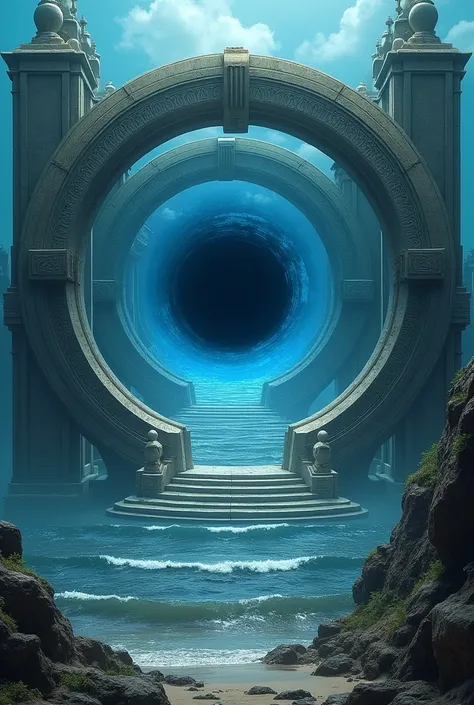 Circular masters arch with a portal in the middle located in the Bermuda Triangle.a blue black hole in the center 