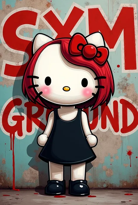 Create an image of a hello kitty with short shoulder-length hair and red hair and a black dress and that on the back says SXM GROUNDX with graffiti design ,  .