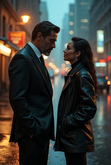 A millionaire stands on the street next to a beautiful rain-soaked woman in a jacket 