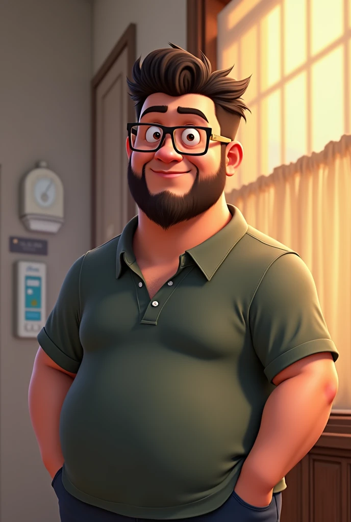  25-year-old male,  wearing rectangular glasses and beard , light skin, short black hair , overweight.  The style of the image must be Disney Pixar 3D .  Pixar 3D style drawing of an inner-city weight-loss clinic with a character in the foreground, Disney ...