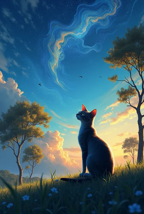 Cat watching the sky, in a field, (sky - bangkok artwork: the starry night,) 4k quality, trees, intense, strong colors, (that transmits peace),