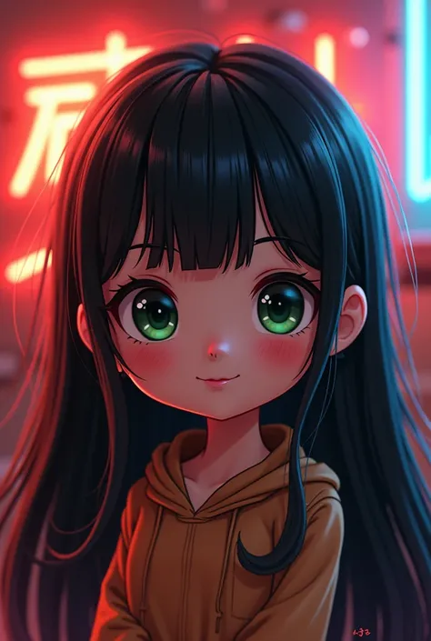  Make a logo of chibi girl tender eyes long black hair,  green eyes,  tanned white skin,  small nose with few freckles ,  charming smile , With the anime theme ,  warm orange tones , flushed face.   Background neon and dark colors, texture 2 .5 d, blurred ...