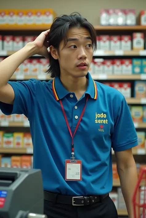 Japanese man, 20 years old, has neat long hair with bangs parted in two But the back remains short, Blue with curved lines with a combination of red and yellow polo shirt like a supermarket cashier It says (Jodo Seret),Black formal trousers,Front view, zoo...