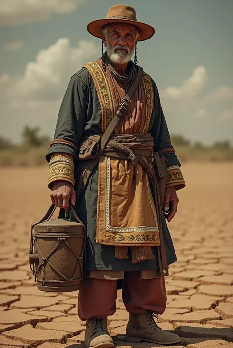 Brazilian from the northeast of the country with a leather lantern hat and northeastern clothes with a Masonic apron on ground cracked by drought com avental maçônico Masonic apron