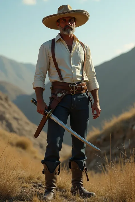 Chilean farmer , elegant shirt, elegant pants, boots and spurs,  with Katana, sombrero, 