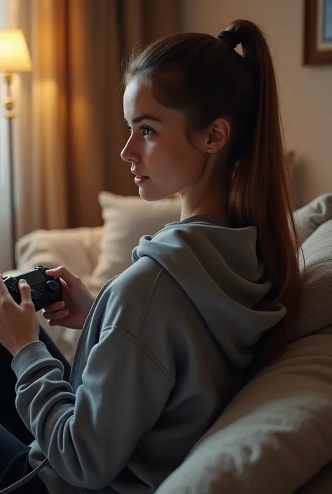 (( Best quality )), ((masterpiece)), ( in detail), 24 year old woman, smooth hair, gathered in a ponytail,  brown eye ,  pretty face,  a light tan ,  studying makeup ,  soft eyebrows , soft lips, sitting on the couch at home ,  playing PlayStation 5 ,  cro...