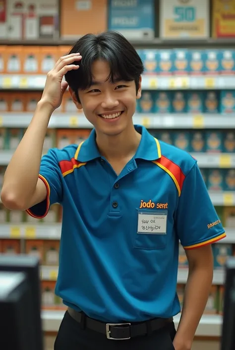 Japanese man, 20 years old, has neat long hair with bangs parted in two But the back remains short, Blue with curved lines with a combination of red and yellow polo shirt like a supermarket cashier It says (Jodo Seret),Black formal trousers,Front view, zoo...