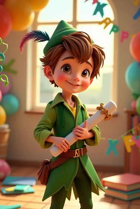 

" Create a high-quality and richly detailed 3D image of a boy from 6 to ,  inspired by a young adventurer with a Peter Pan theme .  He has short hair ,  a radiant smile and wears elegant green clothes ,  including iconic details such as a hat with a feat...