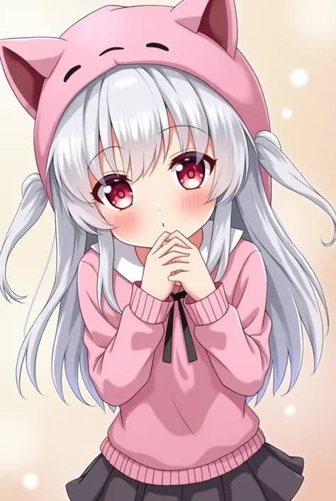 White haired anime girl ,  cute pink cat ears hat sucking a guys cock