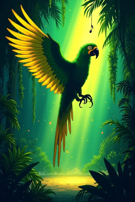  Illustration for a jungle and culture-themed RAVE event .  There is a main illustration of a silhouette of a green and yellow LSD electronic militalist parrot with its wings spread,  leaving splashes of green and yellow paint .  The background is a jungle...