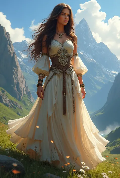 Create an image of a warrior princess in a dress, brunette with long wavy hair  