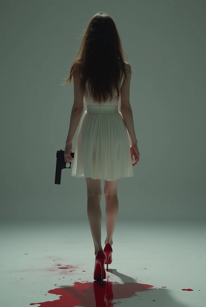  I would like an image that has a certain distance ,  framing in the center only a thin woman with a tall back , 18 years old, dark brown hair up to the waist ,  white dress just above the knee holding a gun ,  the feet of the woman with red shoes and a re...