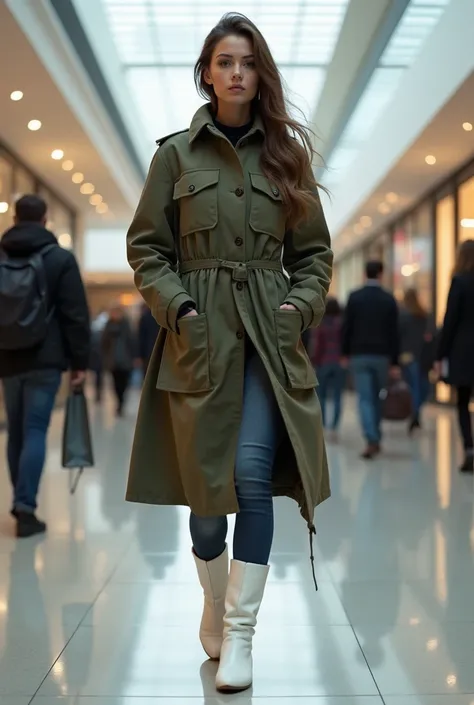 Woman wearing army long parka jacket and white boots walks in mall