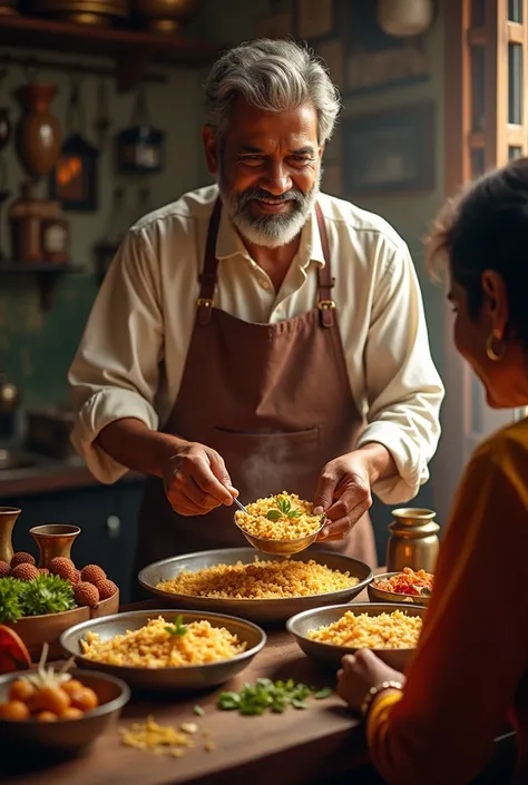 a kerala man cooking in biriyaani, then that man give anathor person that, then two people is simile togother