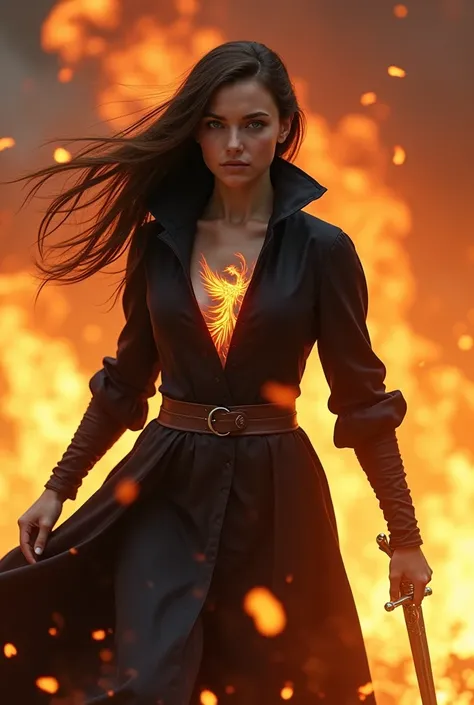 
A young 18-year-old heroine in a black robe with a stand-up collar and hood with brown hair and deep blue eyes,  in the color of the sea  .  She comes running out of the flames  .  Elegant and behind her everything goes up in flames  .  On her left chest,...