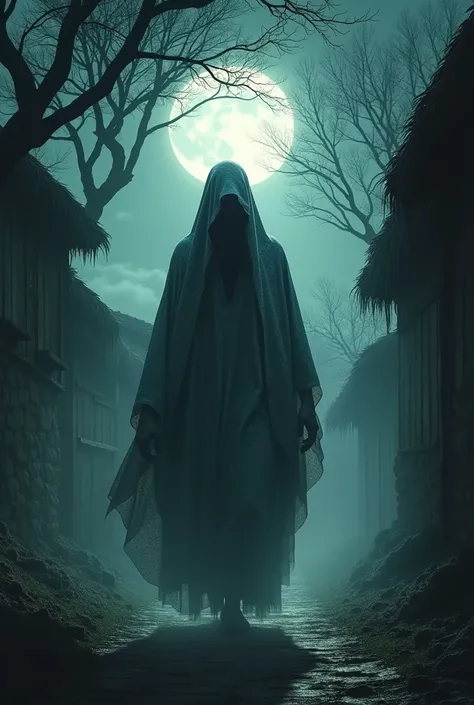 A shadowy, ghostly figure wearing a shimmering robe, walking silently between the trees in the moonlight, its face hidden in darkness, creating a chilling, otherworldly aura.
The surrounding should be a yoruba traditional  village with scary tree around