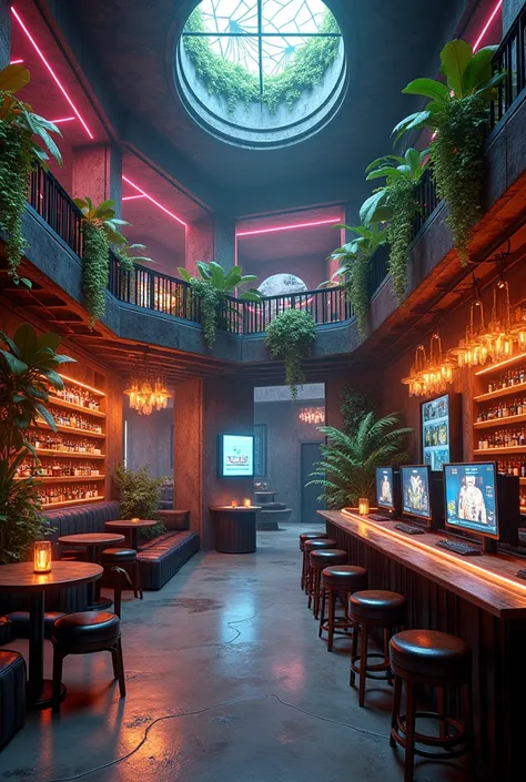 Génére moi une image qui représente un bar de gaming ambiance temple, il faut quil y est: des murs en pierre et beaucoup de fer forgé et bois style industriel, il doit y avoir des table et un bar avec derrière des étagères remplies de bouteilles, il faudra...