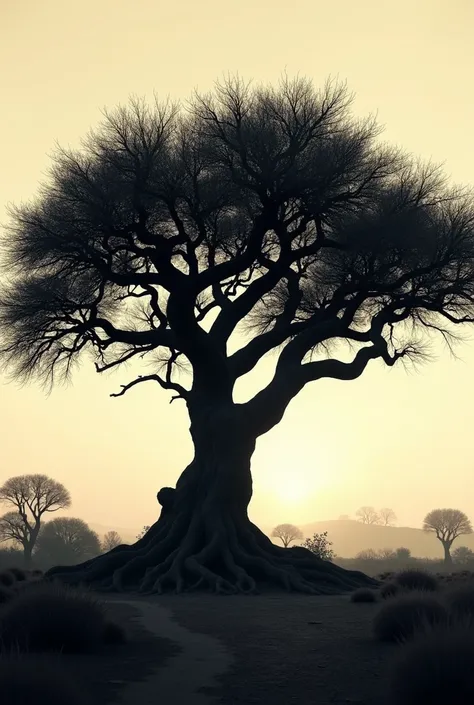 The silhouette of a mesquite tree with large roots 